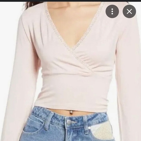 BP Nordstrom pink wrap lace trim long sleeve v neck crop top XL NWT - Picture 2 of 4